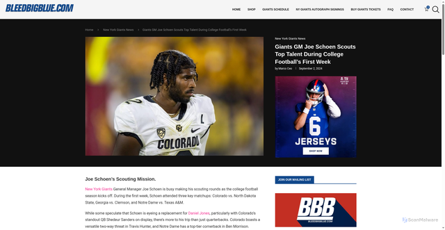 Security scan screenshot of https://bleedbigblue.com/giants-gm-joe-schoen-scouts-top-talent-during-college-footballs-first-week/