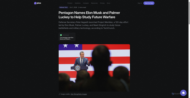 Security scan screenshot of https://www.tryplox.com/news/pentagon-project-meridian-musk-luckey