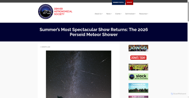 Security scan screenshot of https://www.denverastro.org/summers-most-spectacular-show-returns-the-2026-perseid-meteor-shower/