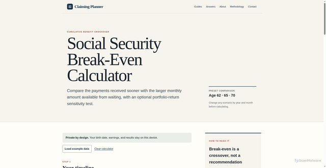 Security scan screenshot of https://claimingplanner.com/social-security-break-even-calculator