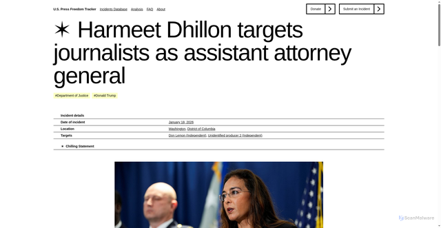 Security scan screenshot of https://pressfreedomtracker.us/all-incidents/harmeet-dhillon-targets-journalists-as-assistant-attorney-general/