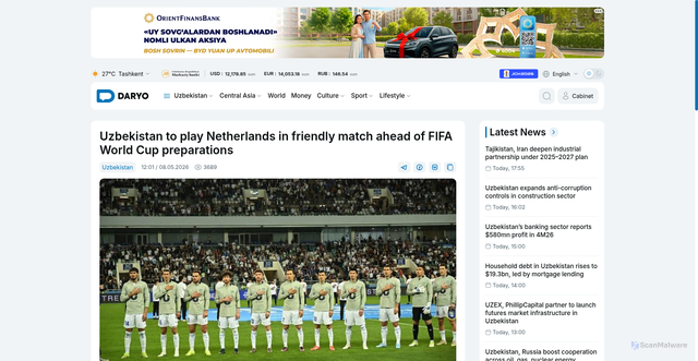 Security scan screenshot of https://daryo.uz/en/2026/05/08/uzbekistan-to-face-netherlands-in-international-friendly-match-before-world-cup/