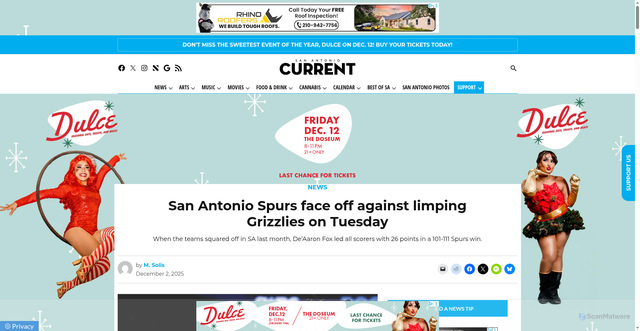 Security scan screenshot of https://www.sacurrent.com/news/san-antonio-spurs-face-off-against-limping-grizzlies-on-tuesday/