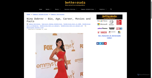 Security scan screenshot of https://betterauds.com/celebrities/actress/nina-dobrev/