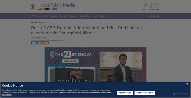 Security scan screenshot of https://will.illinois.edu/21stshow/story/best-of-ceo-damola-adamolekun-had-first-red-lobster-experience-in-springfield-illinois