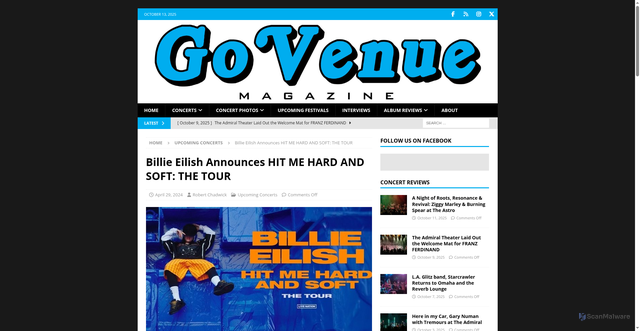 Security scan screenshot of https://www.govenuemagazine.com/billie-eilish-announces-hit-me-hard-and-soft-the-tour/