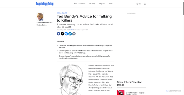 Security scan screenshot of https://www.psychologytoday.com/us/blog/shadow-boxing/202508/ted-bundys-advice-for-talking-to-killers