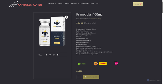 Security scan screenshot of https://anabolenkopenonline.nl/product/primobolan-100mg/