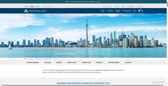 Security scan screenshot of https://adventures.com/canada/attractions/cities-towns/toronto/