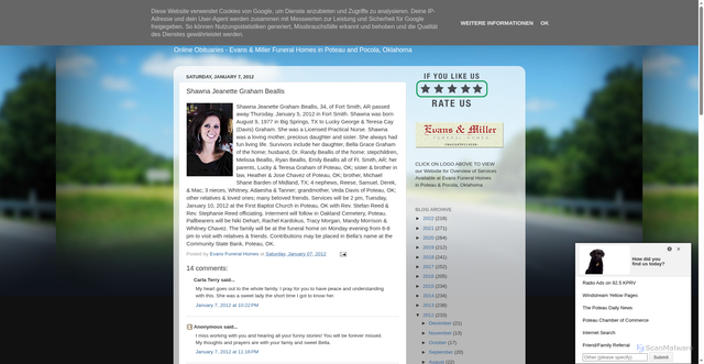 Security scan screenshot of http://evansfuneralhomes.blogspot.com/2012/01/shawna-jeanette-graham-beallis.html