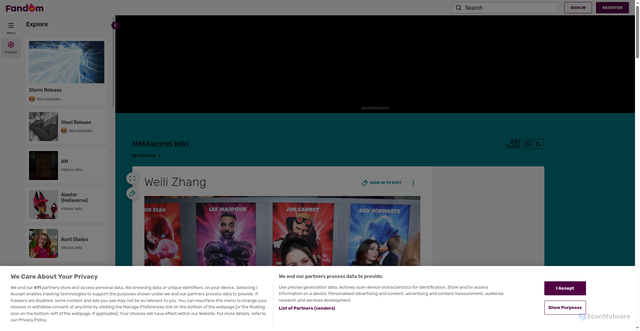 Security scan screenshot of https://mmaworld.fandom.com/wiki/Weili_Zhang