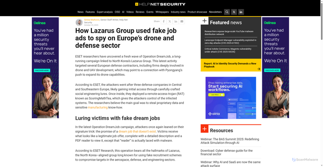 Security scan screenshot of https://www.helpnetsecurity.com/2025/10/23/eset-lazarus-operation-dreamjob/