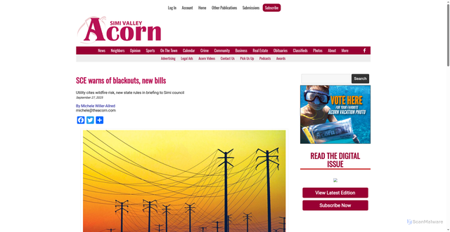 Security scan screenshot of https://www.simivalleyacorn.com/articles/sce-warns-of-blackouts-new-bills/
