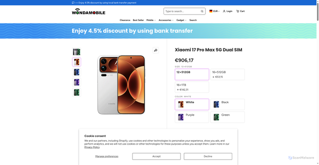 Security scan screenshot of https://wondamobile.com/products/xiaomi-17-pro-max-5g-dual-sim?srsltid=AfmBOoo1swI5KkgWEOB-_pGjxBztIg2WbWbf_AjH3-aA6DMwSirKqrzF