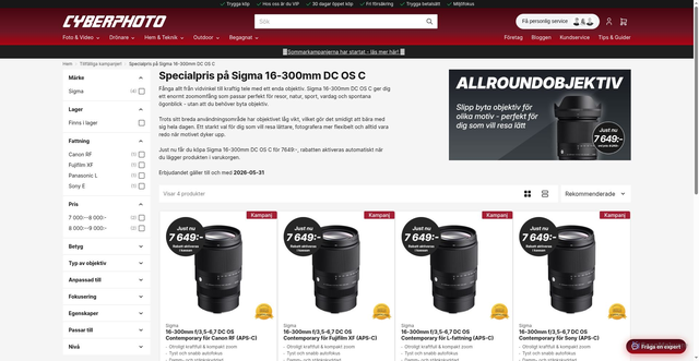 Security scan screenshot of https://www.cyberphoto.se/kampanjer/sigma-16-300mm-for-7649