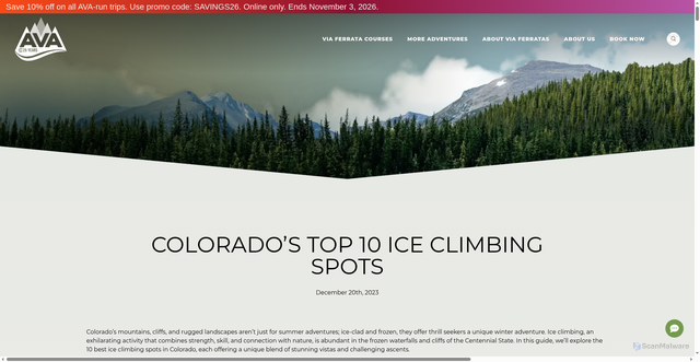 Security scan screenshot of https://www.coloradoviaferrata.com/blog/colorados-top-10-ice-climbing-spots/