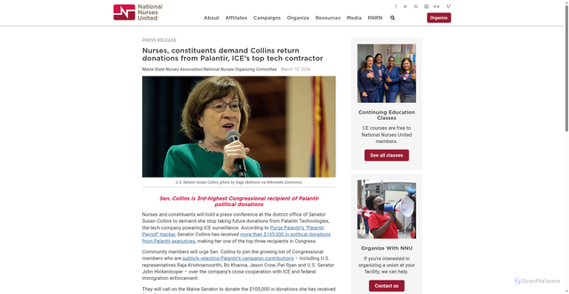 Security scan screenshot of https://www.nationalnursesunited.org/press/nurses-and-constituents-demand-collins-return-donations-from-palantir