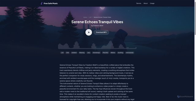 Security scan screenshot of https://freesafemusic.pages.dev/tracks/serene-echoes-tranquil-vibes/