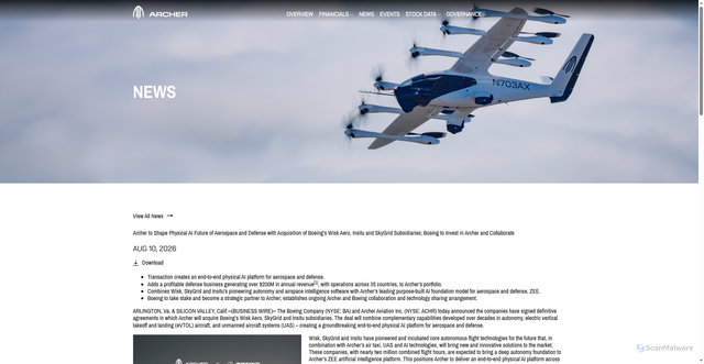 Security scan screenshot of https://www.investors.archer.com/news/news-details/2026/Archer-to-Shape-Physical-AI-Future-of-Aerospace-and-Defense-with-Acquisition-of-Boeings-Wisk-Aero-Insitu-and-SkyGrid-Subsidiaries-Boeing-to-Invest-in-Archer-and-Collaborate/default.aspx