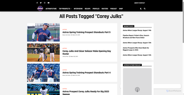 Security scan screenshot of https://astrosfuture.com/tag/corey-julks/