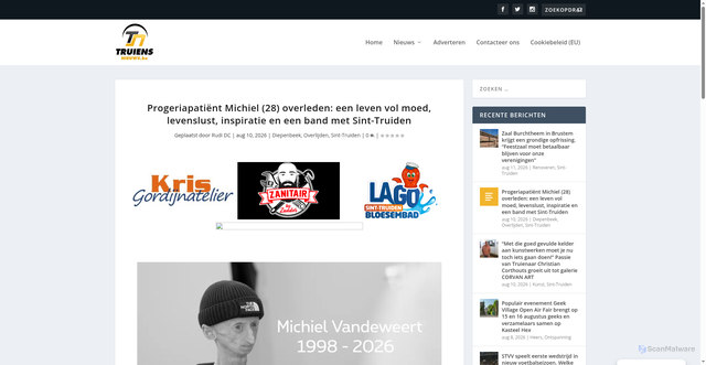 Security scan screenshot of https://www.truiensnieuws.be/overlijden/michiel-vandeweert-28-overleden-een-leven-vol-moed-levenslust-inspiratie-en-een-band-met-sint-truiden/