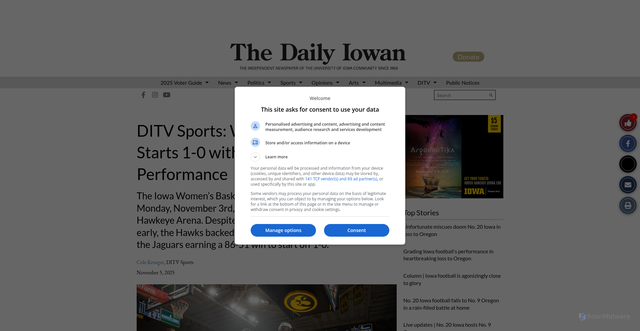 Security scan screenshot of https://dailyiowan.com/2025/11/05/ditv-sports-womens-basketball-starts-1-0-with-strong-defensive-performance/