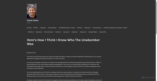 Security scan screenshot of https://www.victorgreto.art/heres-how-i-think-i-know-who-the-unabomber-was-column/