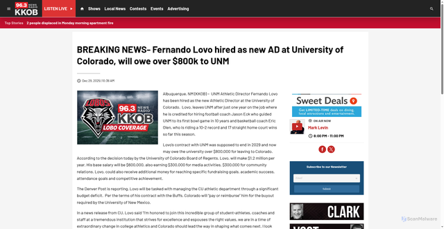 Security scan screenshot of https://www.newsradiokkob.com/2025/12/29/breaking-fernando-lovo-announced-as-new-ad-at-university-of-colorado/