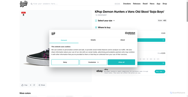 Security scan screenshot of https://www.sneakerjagers.com/en/s/kpop-demon-hunters-x-vans-old-skool-saja-boys-vn000e8wb9p/671398?srsltid=AfmBOooInV-x5J73KjGCHh2FhVgp2z9LdQuVNyb3MjJWnk1HtjDVp4tR
