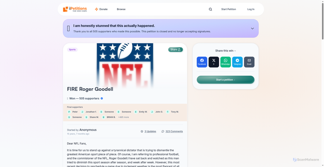 Security scan screenshot of https://www.ipetitions.com/petition/fire-roger-goodell/