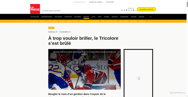 Security scan screenshot of https://www.lapresse.ca/sports/hockey/2026-05-16/sabres-8-canadien-3/a-trop-vouloir-briller-le-tricolore-s-est-brule.php