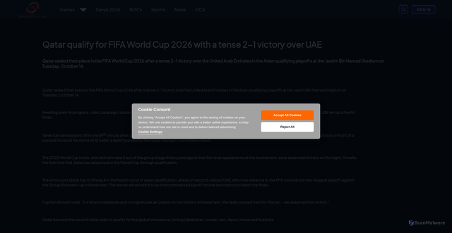 Security scan screenshot of https://www.asiangameshub.com/article/qatar-qualify-for-fifa-world-cup-2026-with-a-tense-2-1-victory-over-uae