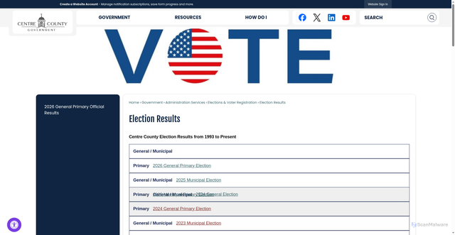 Security scan screenshot of https://centrecountypa.gov/3512/Election-Results