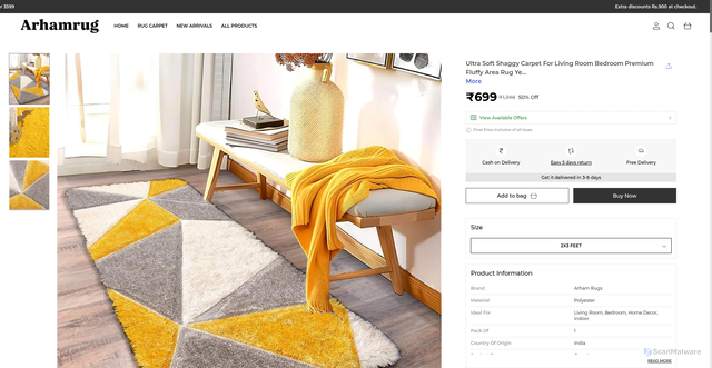 Security scan screenshot of https://arhamrug.shop/Ultra-Soft-Shaggy-Carpet-For-Living-Room-Bedroom-Premium-Fluffy/catalogue/pLqINBp0/rMqM_8oo