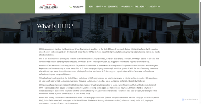 Security scan screenshot of https://www.pioneerhomesofwi.com/about-us/what-is-hud/