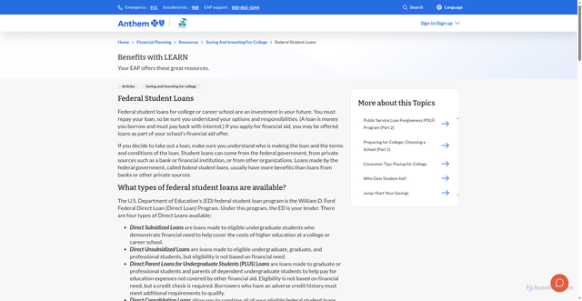 Security scan screenshot of https://www.anthemeap.com/learn/plan-finances/resources/saving-and-investing-for-college/articles/federal-student-loans
