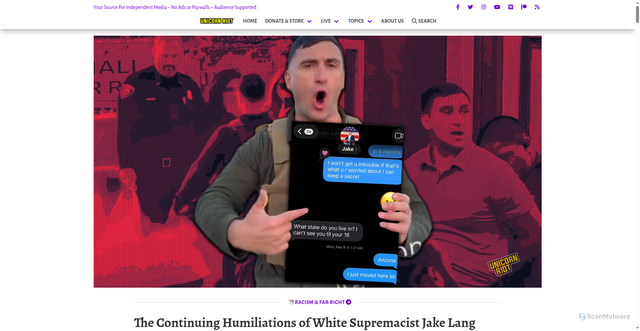 Security scan screenshot of https://unicornriot.ninja/2026/the-continuing-humiliations-of-white-supremacist-jake-lang/