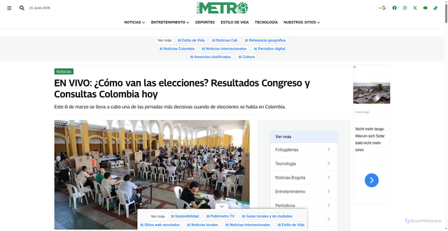 Security scan screenshot of https://www.publimetro.co/noticias/2026/03/08/en-vivo-como-van-las-elecciones-resultados-congreso-y-consultas-colombia-hoy/