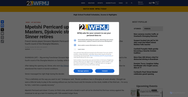 Security scan screenshot of https://www.wfmj.com/story/53137622/mpetshi-perricard-upsets-fritz-at-shanghai-masters-djokovic-struggles-but-advances-sinner-retires