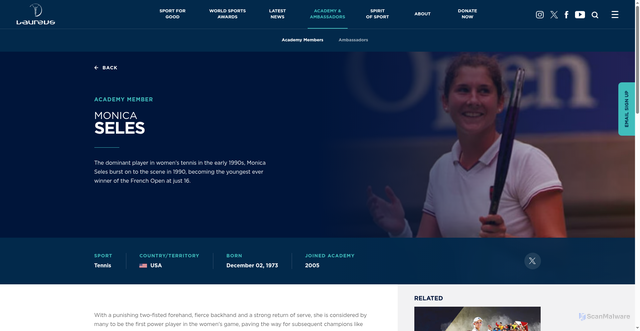 Security scan screenshot of https://www.laureus.com/world-sports-academy/members/monica-seles