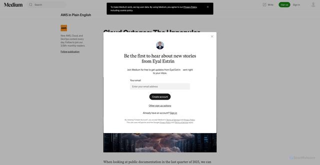 Security scan screenshot of https://aws.plainenglish.io/cloud-outages-the-unpopular-truth-no-one-wants-to-hear-026cbd17231e