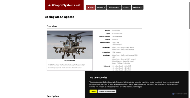 Security scan screenshot of https://weaponsystems.net/system/495-Boeing+AH-64+Apache