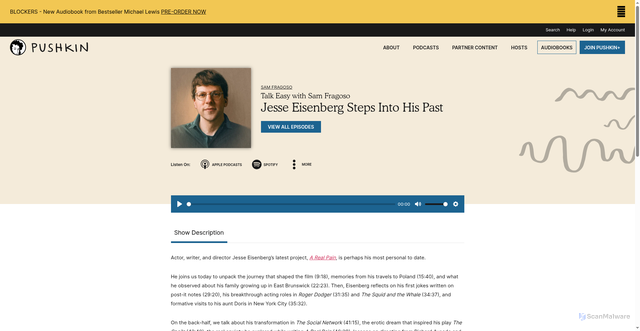 Security scan screenshot of https://www.pushkin.fm/episodes/jesse-eisenberg-steps-into-his-past