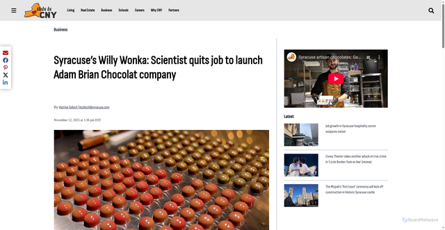 Security scan screenshot of https://www.thisiscny.com/business/2025/11/syracuses-willy-wonka-scientist-quits-job-to-launch-adam-brian-chocolat-company.html
