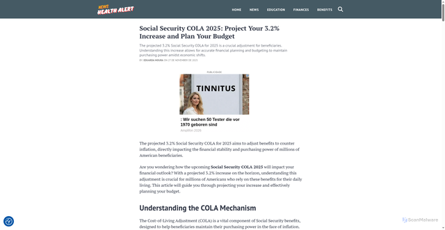 Security scan screenshot of https://newshealthalert.com/social-security-cola-2025-projection/