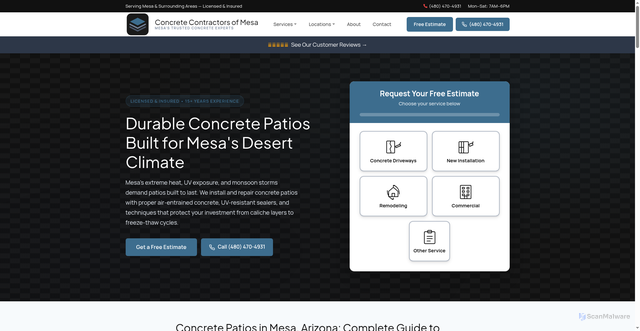 Security scan screenshot of https://concretecontractorsofmesa.com/concrete-patios-mesa.html