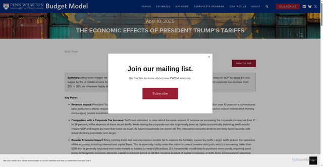 Security scan screenshot of https://budgetmodel.wharton.upenn.edu/issues/2025/4/10/economic-effects-of-president-trumps-tariffs