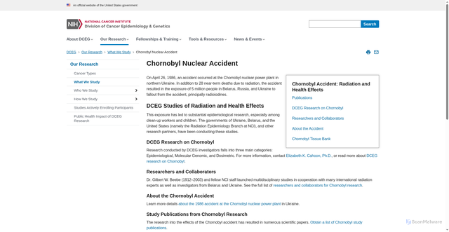 Security scan screenshot of https://dceg.cancer.gov/research/what-we-study/chornobyl-nuclear-accident