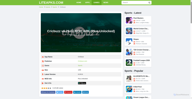 Security scan screenshot of https://liteapks.com/cricbuzz.html