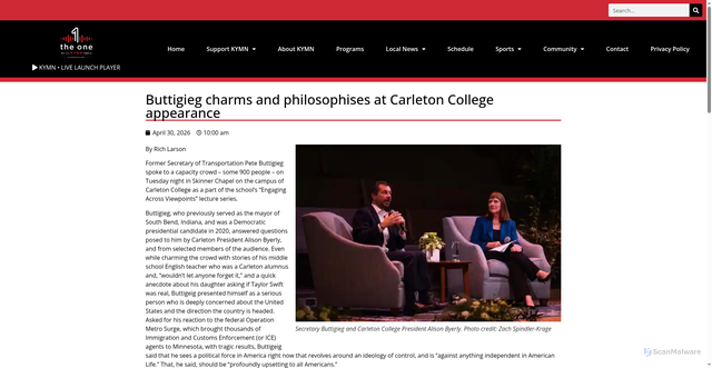 Security scan screenshot of https://kymnradio.net/2026/04/30/buttigieg-charms-and-philosophises-at-carleton-college-appearance/